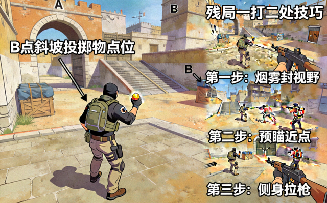 CSGO投掷物高清点位与残局一打二处理技巧演示画面
