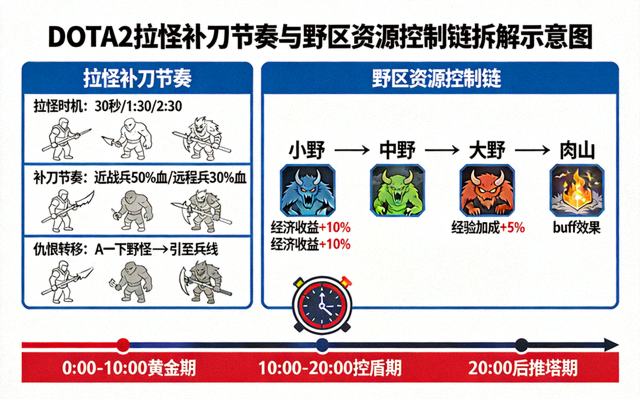 DOTA2拉怪补刀节奏与野区资源控制链拆解示意图