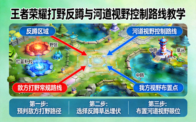 王者荣耀打野反蹲与河道视野控制路线教学示意图